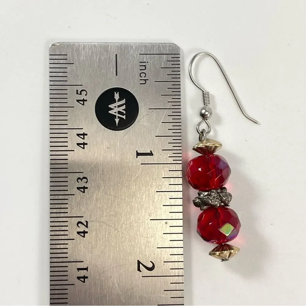 Red Glass Beaded Dangle Earrings 2” Faceted Silver Tone Elegant Sparkle